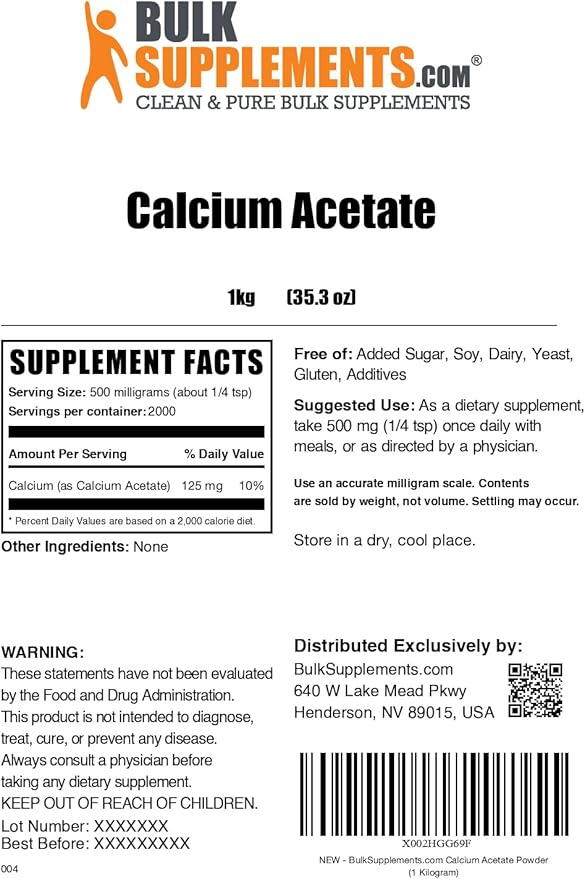 BulkSupplements.com Calcium Acetate Powder - Calcium Supplement, Calcium Powder - Food Grade, for Bone Health, 500mg (125mg Calcium) per Serving, 1kg (2.2 lbs)