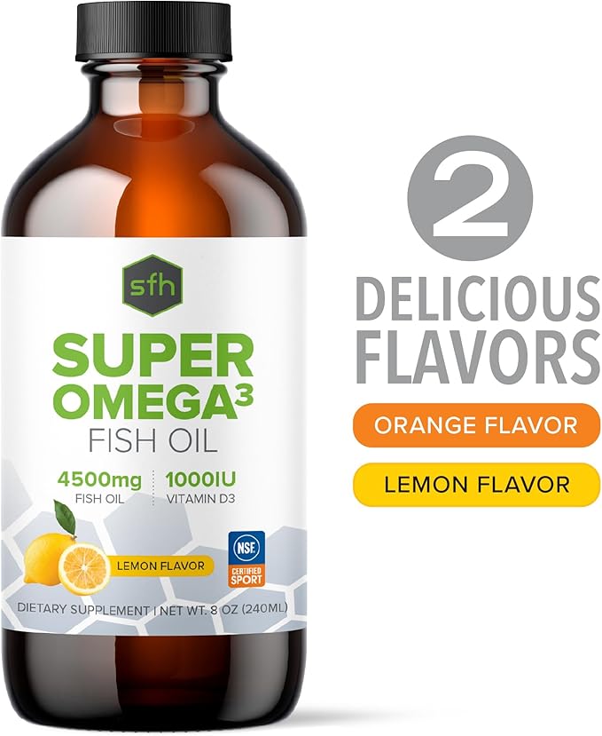 SFH Super Omega 3 Orange Fish Oil Liquid + Vitamin D | Highly Concentrated 3400mg Omega 3s + 1000IU Vitamin D3 | Sustainably Sourced Alaskan Pollock | Spill-Proof Lids | 8oz