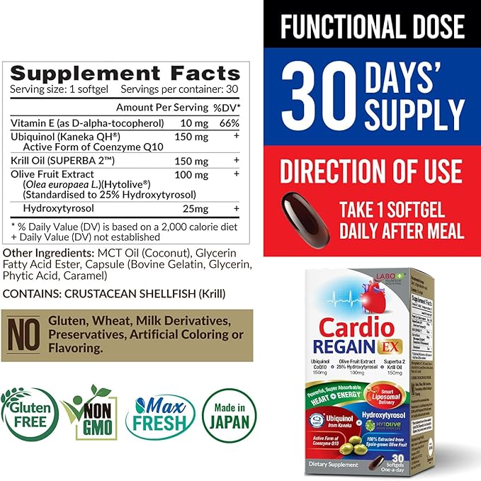 LABO Nutrition CardioREGAIN EX – Ubiquinol CoQ10 Supplement with Kaneka QH 150mg, Olive Fruit Extract (25% Hydroxytyrosol), Krill Oil – Heart, Cellular Energy, Liposomal Absorption, Non-GMO, Soy-Free
