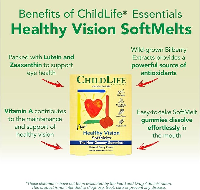 CHILDLIFE ESSENTIALS Healthy Vision SoftMelts - Eye Vitamins for Kids, Lutein Gummies, Lutein and Zeaxanthin Supplements, Eye Health Gummies, Lutein Children, Great Taste - Natural Berry, 27 Tablets