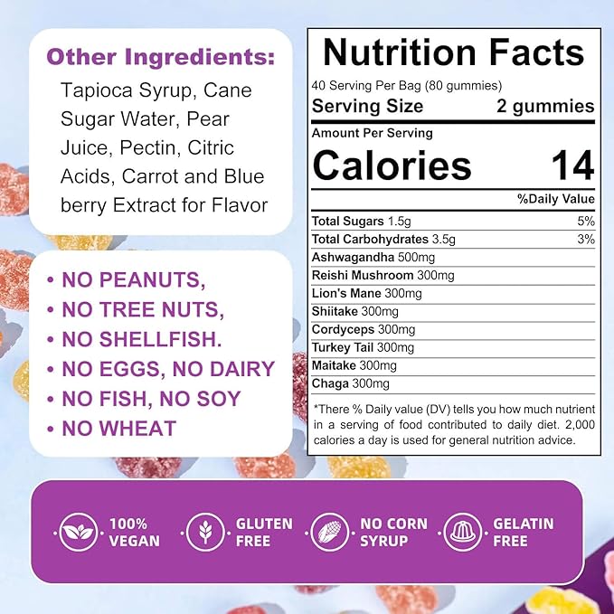 Organic & Functional Mushroom Gummies Supplement ASHWAGANDHA,REISHI,Turkey Tail MAITAKE, SHATAKE Chaga CORDYCEPS BOOSTS Cognitive,Performance Gluten Free,Vegan Low CARB,GUMMIES80