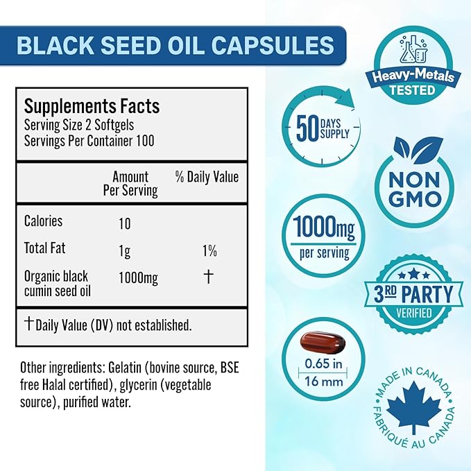 Bio Absorb Black Seed Oil Cold Pressed Capsules. 200 softgels, 500mg (50-Day Supply). No Aftertaste.