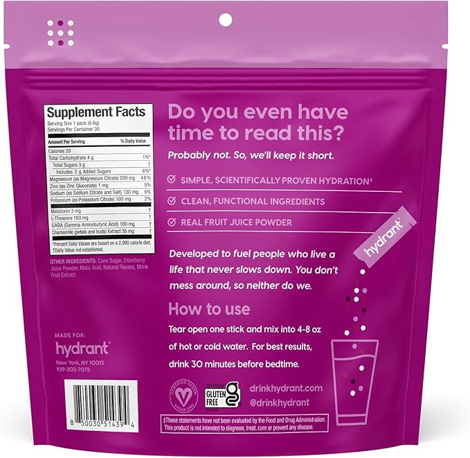 Hydrant Sleep, Individual Hydrating Rest and Recovery Powder Stick Packets with a Blend of Melatonin, L-Theanine, Magnesium, & Chamomile (Elderberry, 30 Pack)