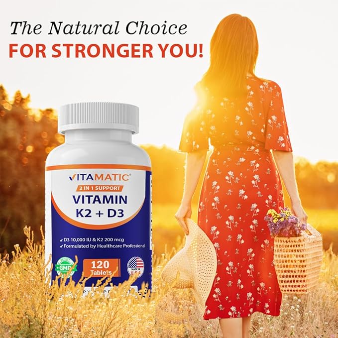Vitamatic Vitamin D3 K2 Supplements with 10,000 IU Vitamin D + 200mcg Vitamin K MK-7, 120 Tablets Bone, Heart, Immune, & Calcium Support