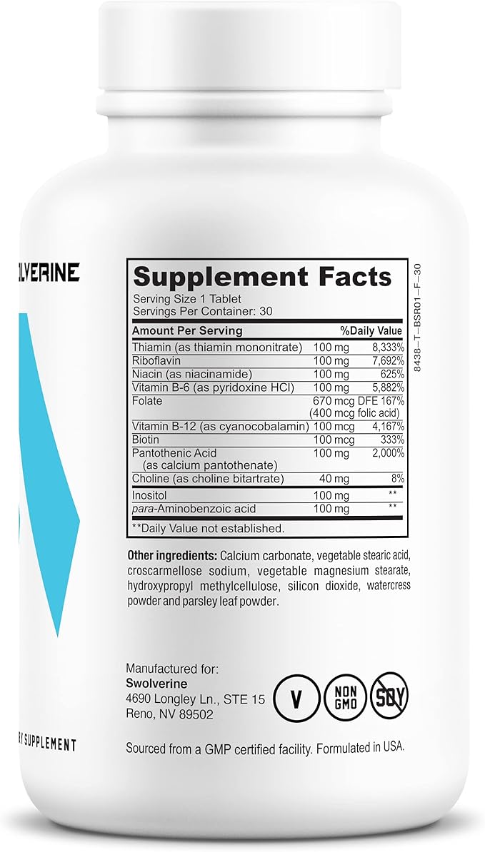 Swolverine B-Vitamin Complex | B-Complex Including B12, B1, B2, B3, B5, B6, B7, B9, Folic Acid, Choline, Inositol, and Biotin, Supports Stress, Energy and Healthy Immune System - (30 Servings)