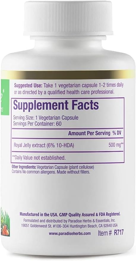 Paradise Herbs Royal Jelly, Golden Emperor, Super Potent, Ultra Pure, Vegan, Gluten Free, Non GMO, Freeze-Dried Concentrate, 60 Count Vegetarian Capsules