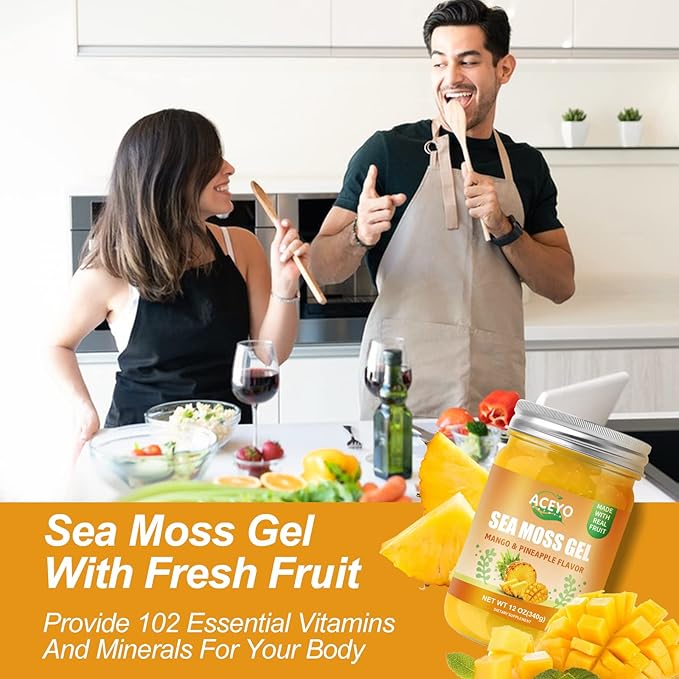 (12 OZ) Irish Sea Moss Gel Raw Vegan Mango Pineapple Flavor 102 Vitamins and Minerals Wild Harvested Non-GMO Immune Defense Booster Thyroid Digestive Support