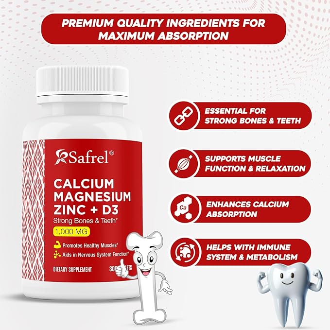 Safrel Calcium Magnesium Zinc with Vitamin D3, 300 Tablets - Calcium 1000 mg, Magnesium 400 mg, Zinc 20 mg & D3 600 IU per Serving