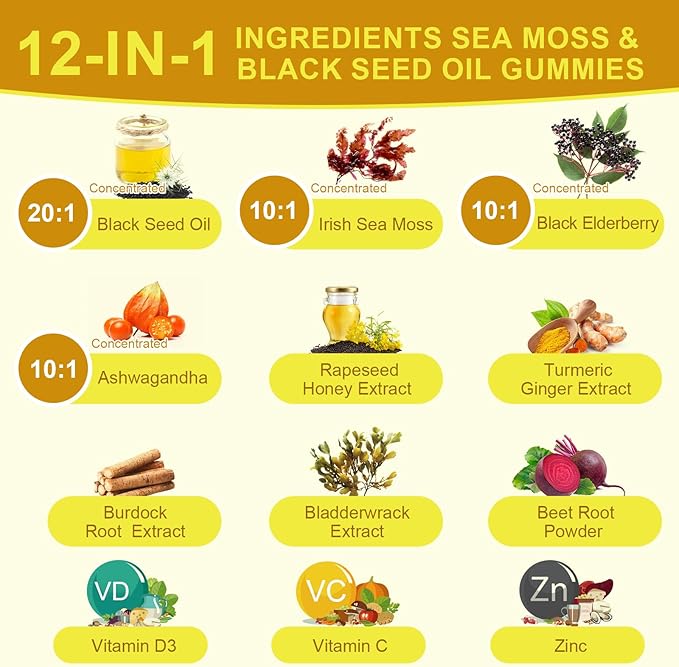 Black Seed Oil & Sea Moss Gummies, Organic Irish Sea Moss Gummies with Ashwagandha, Black Seed Oil, Elderberry, Turmeric, Vitamin D3/C and Zinc - Support Joints, Digestion, Hair & Skin