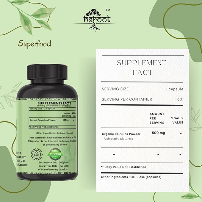 Organic Spirulina Protein Powder Capsules - Vitamins & Minerals for Energy - Vegetarian, Gluten Free 100% Pure Superfood for Optimal Health (60 Capsules)