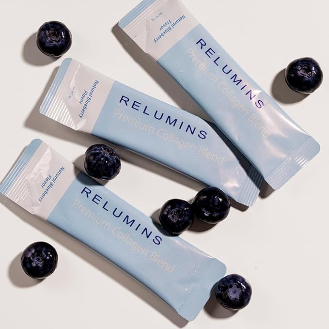 Relumins Marine Collagen Powder Drink Mix - Collagen Peptide with Glutathione, Green Tea, CoQ10, & Hyaluronic Acid Boosts Smooth Glowing Skin - 10 Powder Sachets x Blueberry Flavored