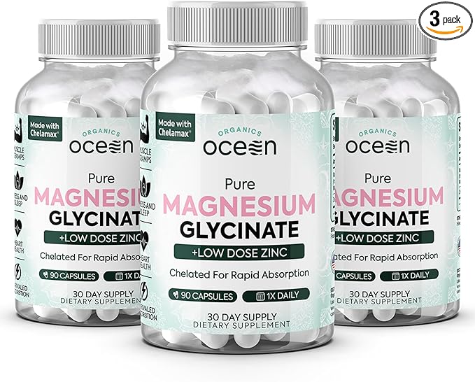 Pure Magnesium Glycinate with Zinc - Maximum Strength Chelated Magnesium Supplement for Women and Men for Muscle Cramps and Sleep Support - 3 Bottles