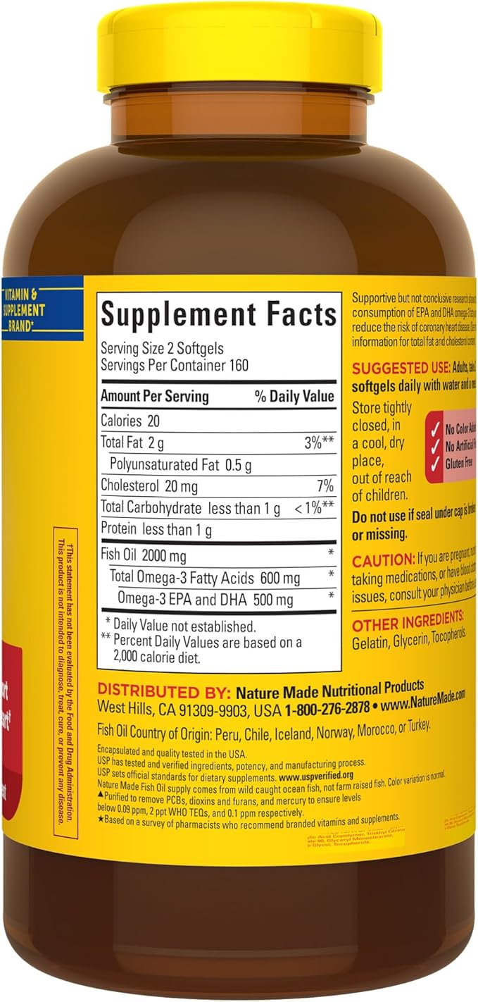Nature Made Fish Oil Omega 3 Supplements, 1000mg Softgels, Omega 3 Fish Oil for Healthy Heart Support, 320 Softgels, 160 Day Supply