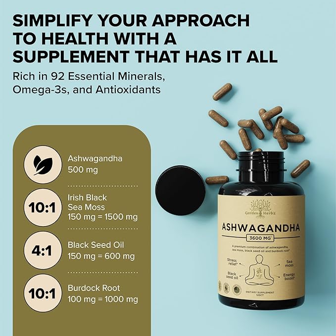 Organic Ashwagandha Root & Irish Sea Moss – 3,600 mg Ashwagandha Supplement with Black Seed Oil, & Burdock Root – Herbal Supplement for Energy, Calm, Mood, & Wellness, 120 Caps