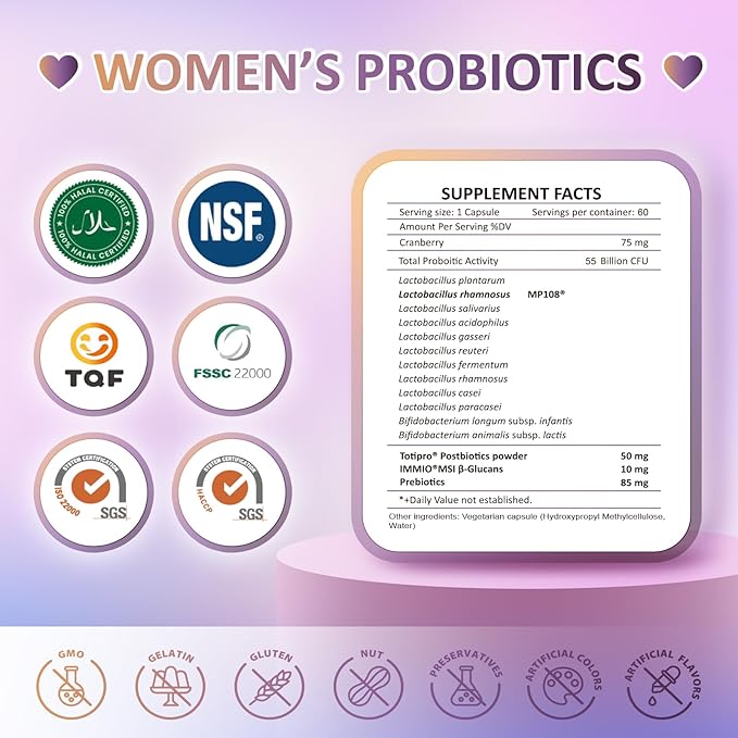 Probiotics 55 Billion CFU Support Vaginal, Immune, Digestive, PH Balance. Promote Sleep and Relief Allergy. All Natural Ingredients with β-Glucan, Cranberry - 30 Capsules