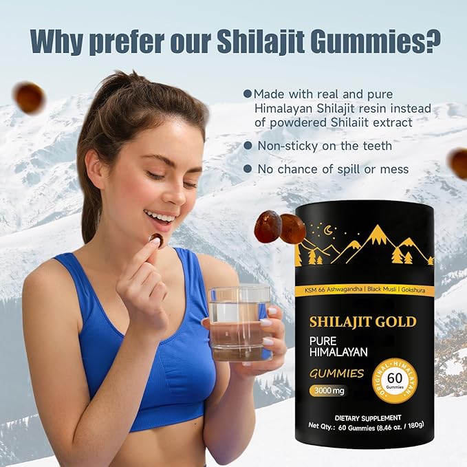 Shilajit Gummies | Pure Himalayan Shilajit Gummies Gold | Ashwagandha, Gokshura | Fulvic Acid & 85+ Trace Minerals for Men, Women | Non-GMO | Lab Tested | No Added Sugar I 60 Gummy