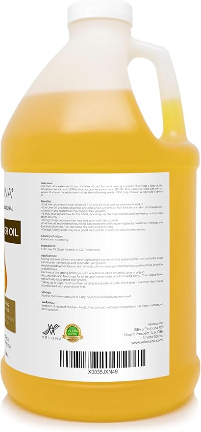 velona Cod Liver Oil - 1 Gallon / 128 Fl Oz | 1,000A/100D IU/g Omega 3 Vitamins A & D3 | Norwegian Arctic Sustainably Sourced Nordic Oil | Hair, Body and Skin Care | Use Today - Enjoy Results