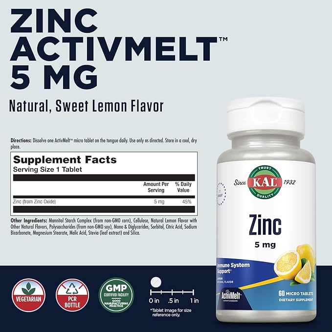 KAL Zinc 5mg ActivMelt, Immune Support Supplement with Zinc Oxide, Supports Protein Synthesis, Metabolism, Cell Growth, Immune Health, Vegetarian, Natural Lemon Flavor, 60-Day Guarantee, 60 Micro Tabs