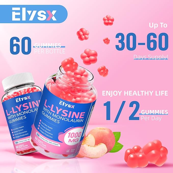 L-Lysine Gummies 1000mg, Sugar-Free Chewable Lysine with Monolaurin Supplement for Adults & Kids, Lips & Oral Health, Immune & Overall Health, Natural Peach Flavor, 60 Count