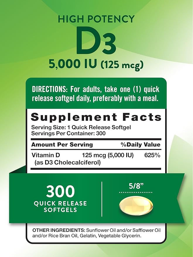 Nature's Truth Vitamin D3 5000 IU (125 mcg) | 300 Softgels | High Potency Vitamin D | Non-GMO and Gluten Free Supplement