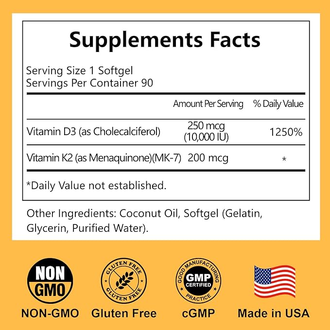 D3 K2 Vitamin 10000 IU Softgels, D3 K2 Supplement with Coconut Oil for Bone, Teeth Health, Support Muscle & Heart Health, 90 Count