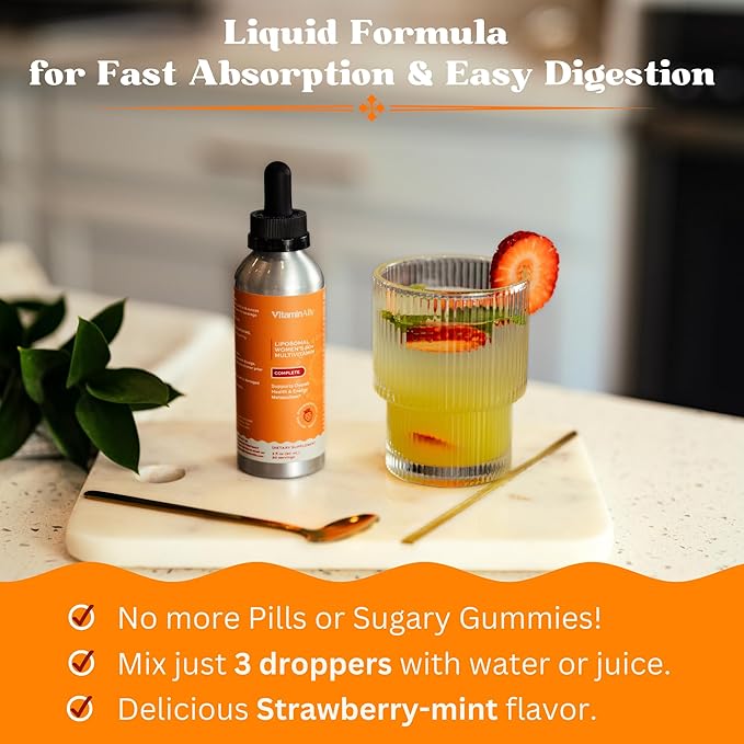 Liposomal Women's 50+ Liquid Multivitamin Drops | Non-GMO | Sugar Free | Supports Immunity, Overall Health and Energy | 30 Day Supply | 3 FL Oz (Natural Strawberry Flavor)