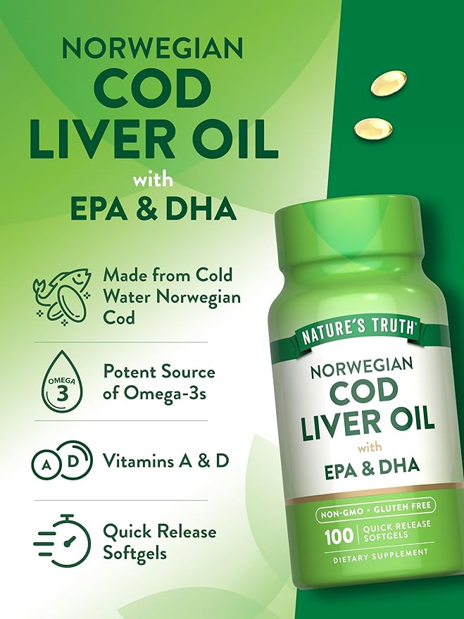 Nature's Truth Norwegian Cod Liver Oil | 100 Softgels | with EPA & DHA | Non-GMO, Gluten Free Supplement