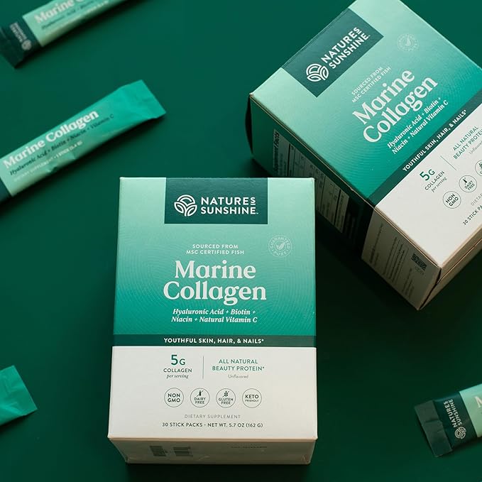 Nature's Sunshine Marine Collagen - Premium Wild-Caught Alaskan Pollock Collagen Powder - Unflavored to-Go Sticks to Support Radiant Skin and Healthy Joints