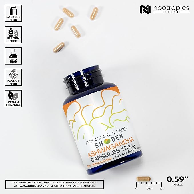 Nootropics Depot Shoden Ashwagandha Extract Capsules | 120mg | 90 Count | 35% Withanolides