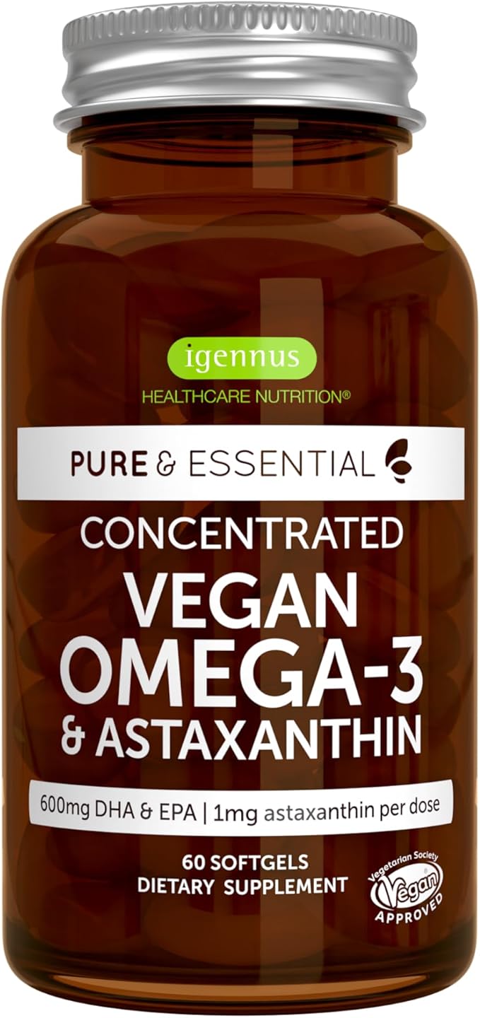 Igennus Vegan Omega-3 Natural Triglyceride Algae Oil, DHA & EPA Fatty Acid Supplement, 60 Small Softgels with Astaxanthin, Easy-to-Swallow, Pure & Sustainable, 30 Servings