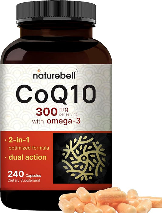 CoQ10 (Ubiquinone) 300mg with Omega 3, 240 Capsules - 120 Day Supply | Stable High Absorption Form – Antioxidant Support for Heart & Energy Health – Extra Strength Coenzyme Q10 Supplement