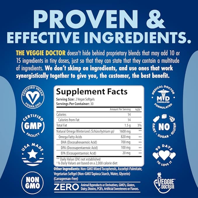 Vegan Omega 3 Supplement - Omega 3 Fish Oil Alternative - No Carrageenan – Plant Based Algae Omega3 Fatty Acid Supplements - DHA, EPA, DPA - Heart, Brain, Joint, Eye, Immune Support