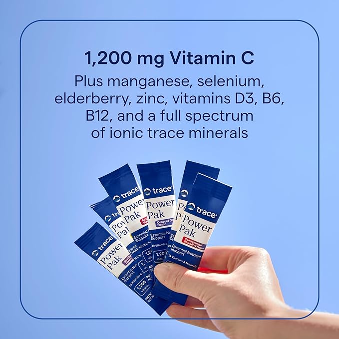 Trace Minerals | Power Pak Electrolyte + Immunity Boost Drink Packets | 1200 mg Vitamin C, Elderberry, Zinc, D3, B6, B12 | Immunity, Hydration, & Energy Support | Fizzy Lemon Berry | 60 Packets