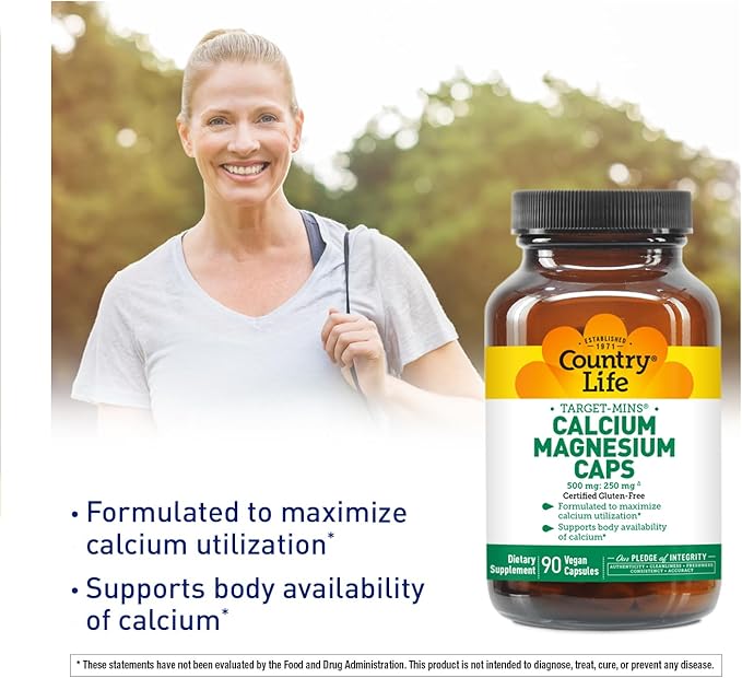 Country Life Target-Mins Calcium Magnesium Complex - 1000mg Calcium, 500mg Magnesium, Gluten-Free Supplement for Bone Health