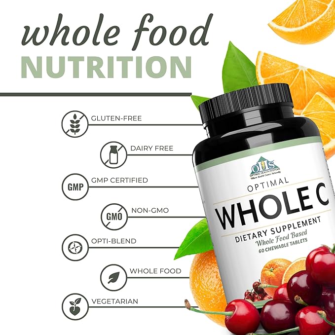 Optimal Health Systems Whole C Chewable | Potent Vitamin C from Whole Foods | Acerola Cherry, Orange Fruit, & Black Currant + Bioflavenoids | 60 Tablets