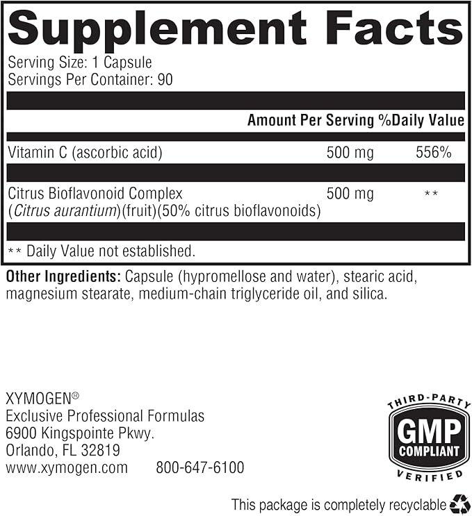 XYMOGEN Bio C 1:1 - High Potency Vitamin C Supplement with Citrus Bioflavonoids - Antioxidant + Immune Support, Promotes Collagen Synthesis (90 Vitamin C Capsules)