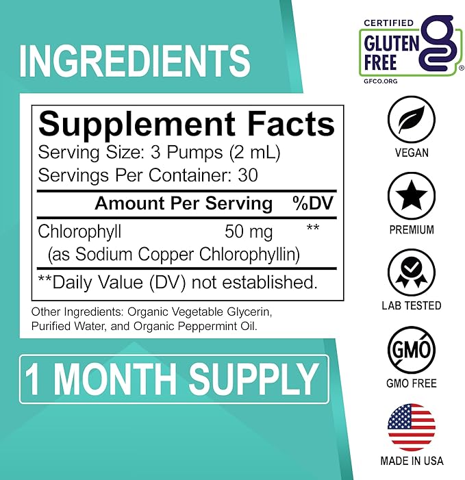 Chlorophyll Liquid Drops Body Detox - Vegan Liquid Chlorophyll Drops Odor Cleanse Supplement, Energy & Immune Support, Internal Deodorant, Body Deodorizing Supplement - Natural Deodorant Water 2 oz