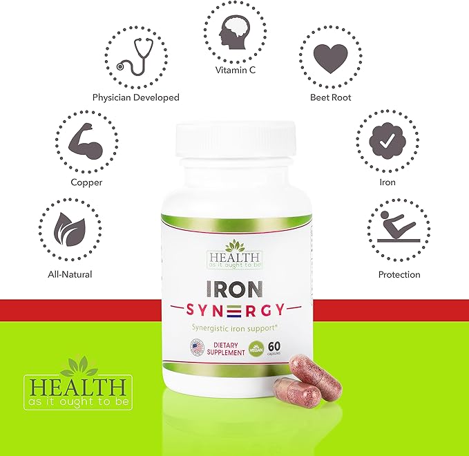 Health As It Ought To Be Iron Syn3rgy Supplement | Physician Formulated Capsules with Iron, Copper, Beet Root, Vitamin C | 60 Capsules