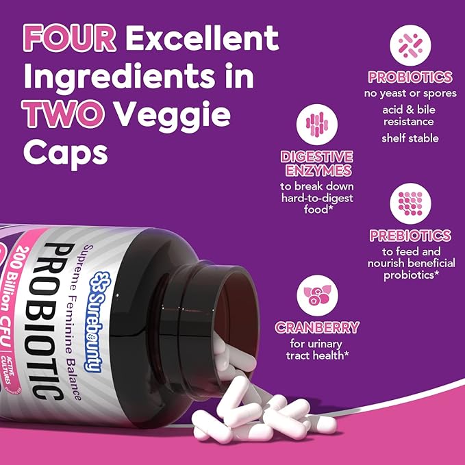 Women's Probiotic, 200 Billion CFU, Prebiotics + Digestive Enzymes + Cranberry, Complete Vaginal & Urinary Tract Health, Maintain pH & Yeast Balance, 60 Caps
