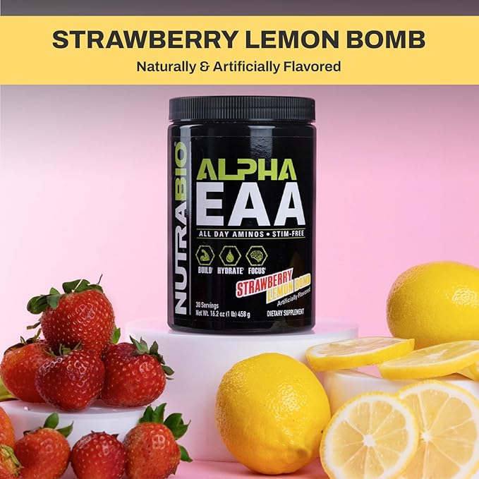 NutraBio Alpha EAA - All-Day Amino Acids for Muscle Growth - Essential Amino Acids - Full Spectrum EAA BCAA Powder- Amino Acid Supplement - 30 Servings - Strawberry Lemon