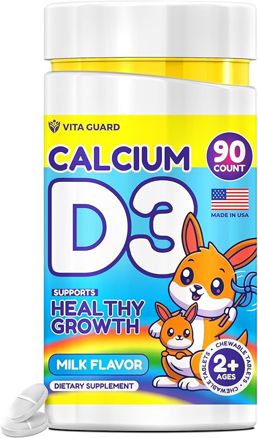 Calcium D3 Chewable Tablets for Kids โ 640 mg Calcium & 320 IU Vitamin D3 โ Non-GMO, Milk Flavor โ Bone & Teeth Support Supplement โ 90 Tablets for Ages 2+