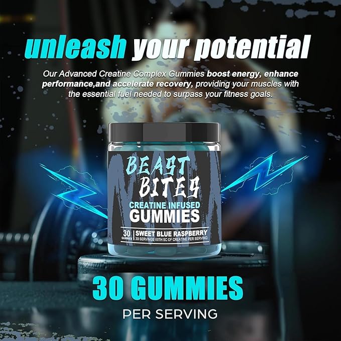 5g Creatine Monohydrate Per Serving - No Sugar or Artificial Colors - Low-Calorie, Vegan & Halal - Blue Raspberry Flavor - 30 Gummies (2PCS)