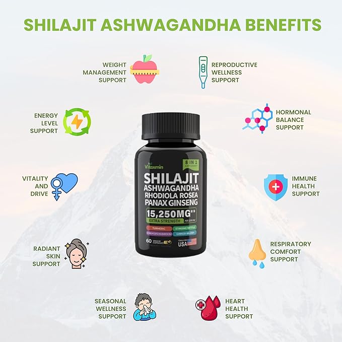 Shilajit and Ashwagandha Capsules, 8-in-1 Herbal Multivitamin for Men and Women, with Rhodiola Rosea, Ginseng, and Stinging Nettle, Shilajit for Men and Women
