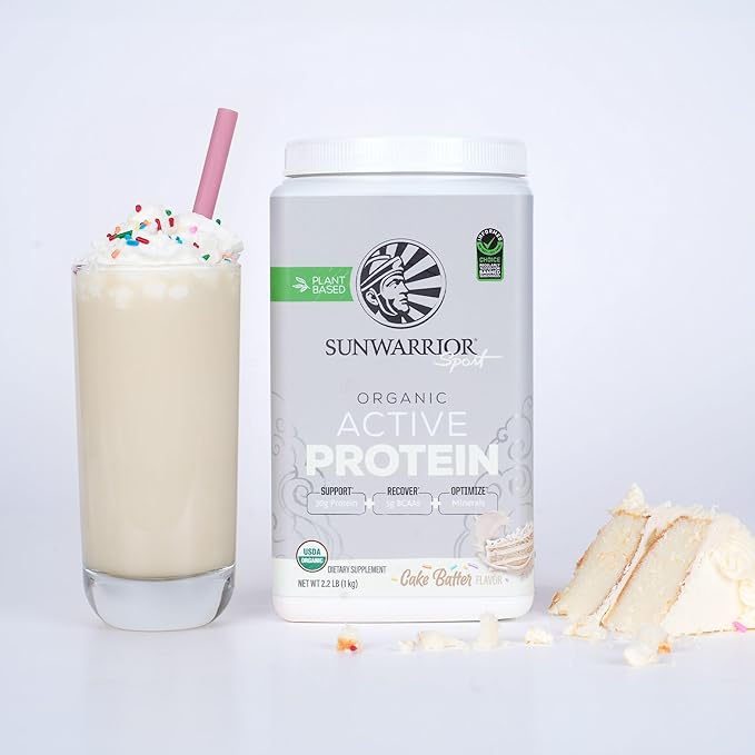 Sunwarrior Organic Plant Based Protein Powder | Vegan Organic Protein Powder with BCAA Amino Acids Plus Recovery Minerals & Botanicals | Non-GMO Soy Dairy & Gluten Free (Cake Batter, 20 Servings)