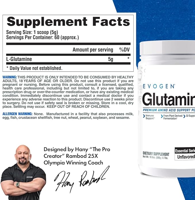 Evogen Glutamine - Premium Recovery Amino Acid | Supports Muscle Recovery | L-Glutamine | Unflavored | 60 Servings