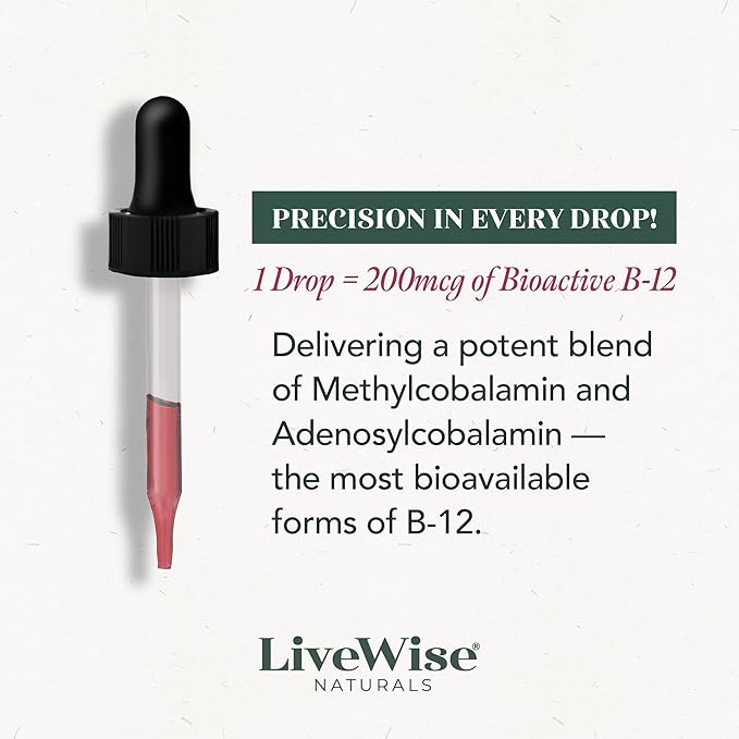 LiveWise Naturals B12 Vitamin Drops Non-GMO, Organic Bioactive Blend for Energy, Clarity, Focus, and Easy Absorption, Adenosylcobalamin & Methylcobalamin Supplement, Vegan, Gluten-Free, Dairy-Free