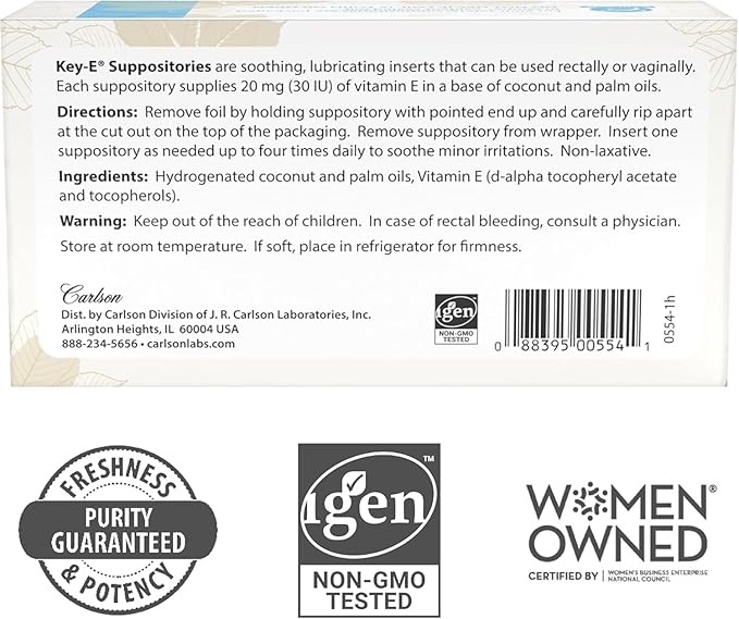 Carlson - Key-E Suppositories, 30 IU (20 mg) Vitamin E Suppository, Moisturizes & Nourishes, for Women and Men, 48 Count