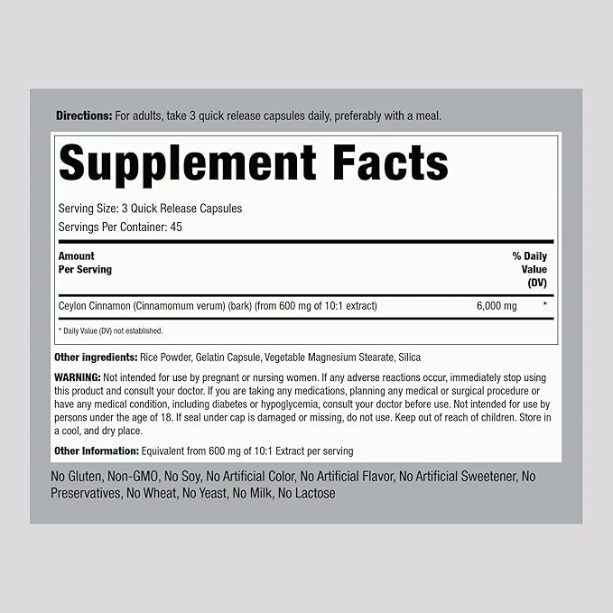 Piping Rock Ceylon Cinnamon Capsules 6000mg | 135 Count | Concentrated Herbal Extract Supplement | for Men and Women | Non-GMO, Gluten Free