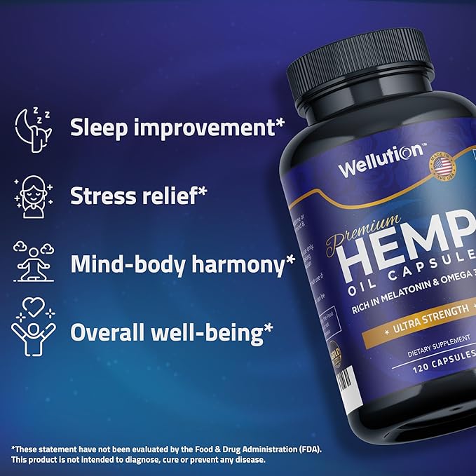 WELLUTION Hemp Oil Capsules with Ashwaganda and Melatonin (2-PK) Rich in Omega 3-6-9 - Supports Healthy Sleep, Stress, & Mood - Feel Refreshed - Made in USA - 120 Count