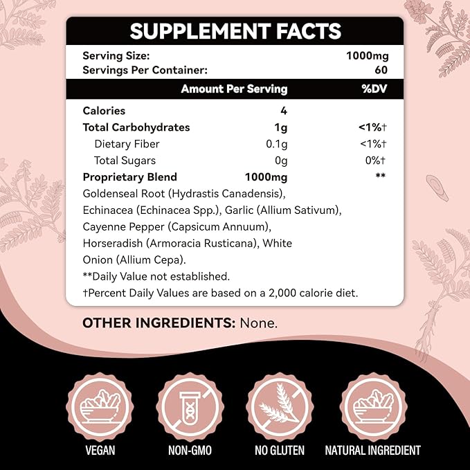 Goldenseal Root Powder Organic Supplement 1000 mg, Goldenseal Powder Supplement with Echinacea & Goldenseal for Immune & Gut Health, Pure & Natural(60 servings per bottle)